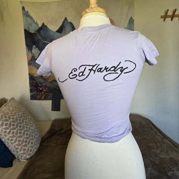 Ed Hardy Brave Hearts Eagle Tattoo Crop Top Y2K Purple Women’s M - Picture 4 of 13